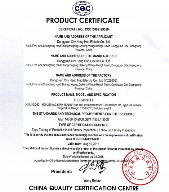CHINA Dongguan Heng Hao Electric Co., Ltd Certificações